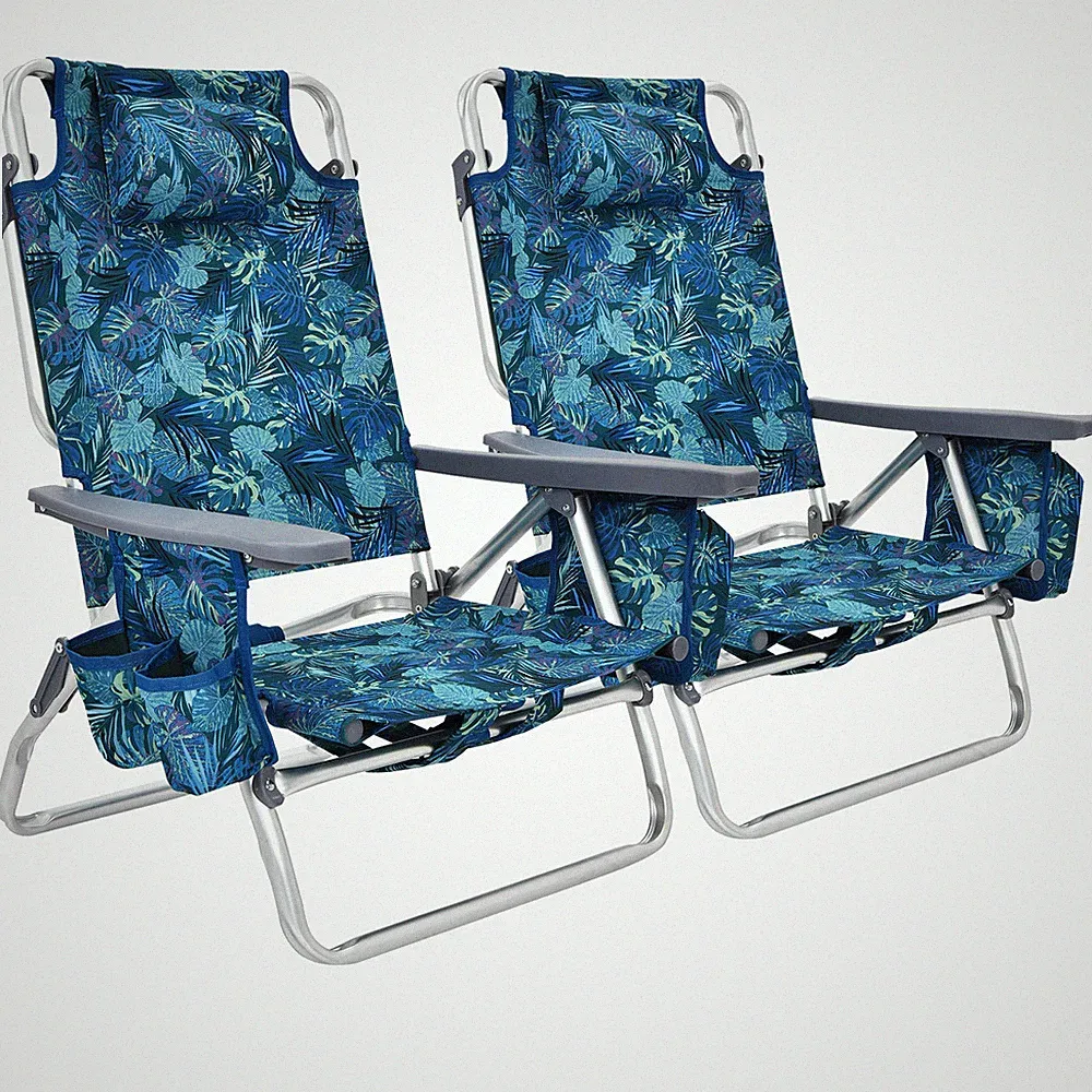 2-Pack Folding Backpack Beach Chair 5-Position Outdoor Reclining Chairs w/Pillow