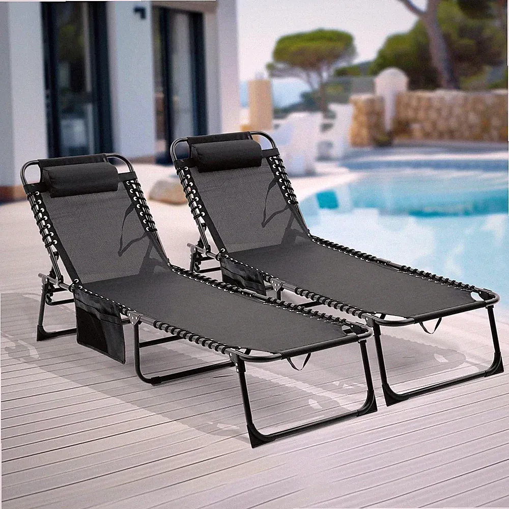 2 Pack Outdoor Chaise Lounge Chair Folding Patio Pool 4-Position Reclining Black