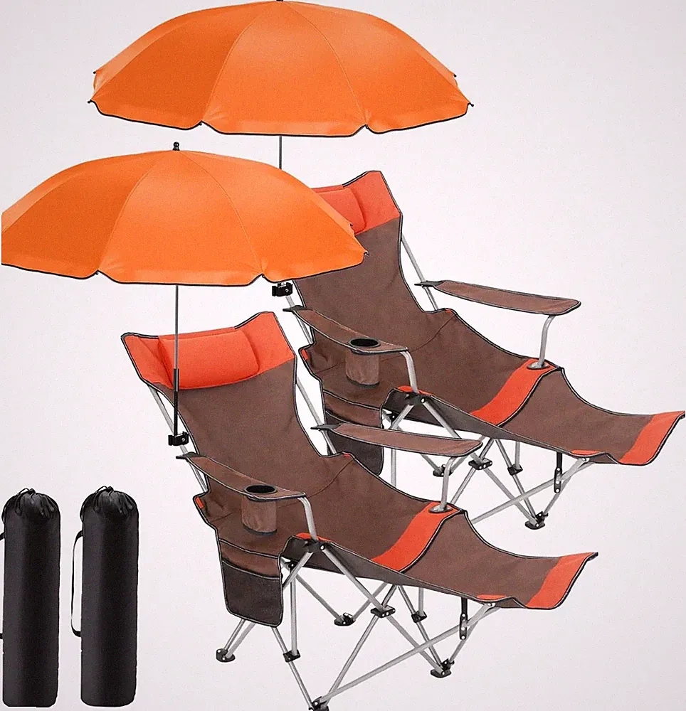 2 Set Adjustable Reclining Beach Chairs with Umbrella & Foot Rest - Orange