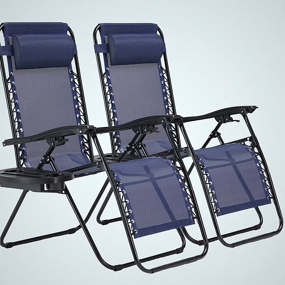 2 Set Chairs Portable Reclining Folding Lounge Chair Beach Camping Chairs Blue
