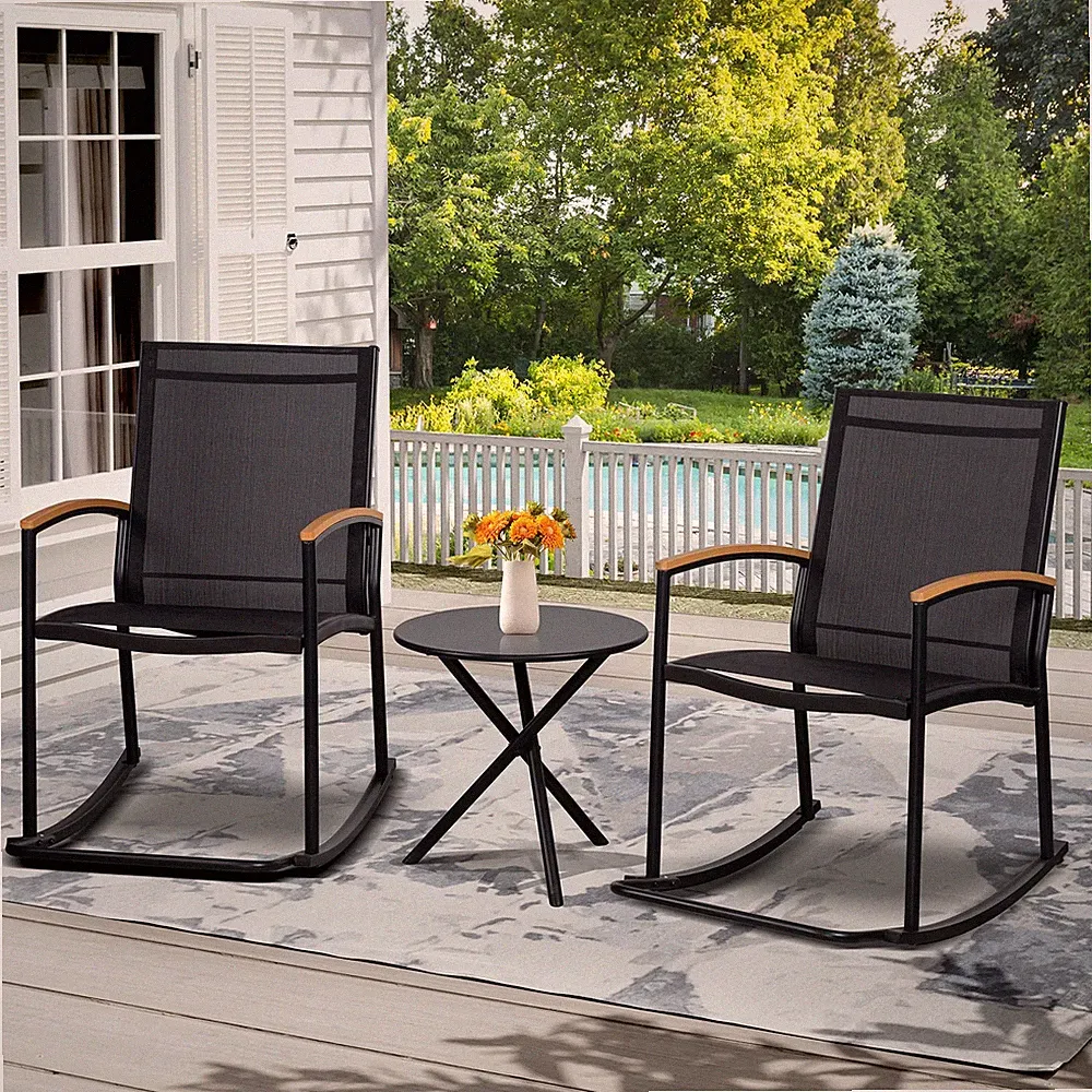 3 Piece Outdoor Rocking Bistro Chairs And Table Small Patio Porch Furniture Set