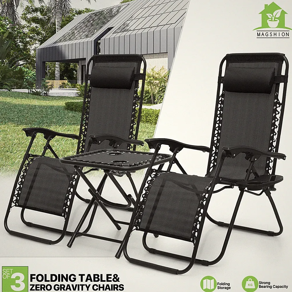 3Pcs[ZERO GRAVITY CHAIR+FOLDABLE TABLE SET]Reclining Beach Lounge w/Drink Holder