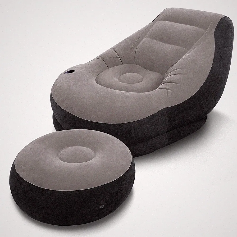 68564E Inflatable Ultra Lounge Chair With Cup Holder And Ottoman Set, Gray