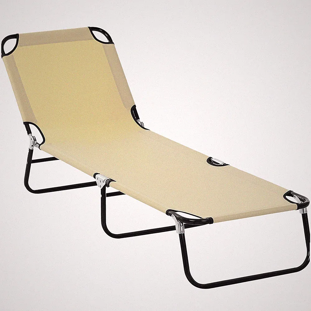 74in Outdoor Lounge Chair Foldable 5-Position Recline 265lb Steel Beige