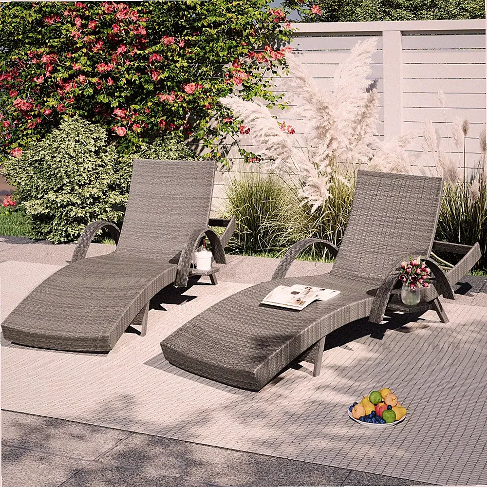 80'' Outdoor Wicker Chaise Lounge Chairs Set of 2, Patio Rattan Reclining Chair