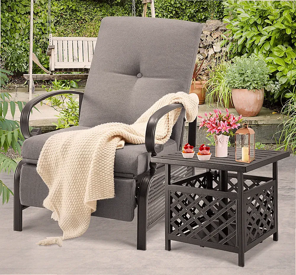 Adjustable Outdoor Recliner Lounge Chair, Patio Pool Chair Navy Blue Cushion