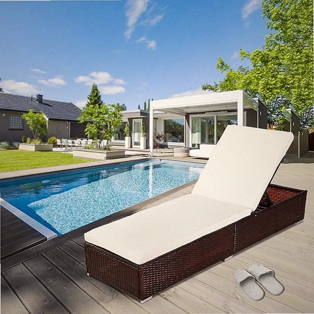 Adjustable Outdoor Yard Rattan Wicker Lounger Recliner Chair Garden Pool Bed
