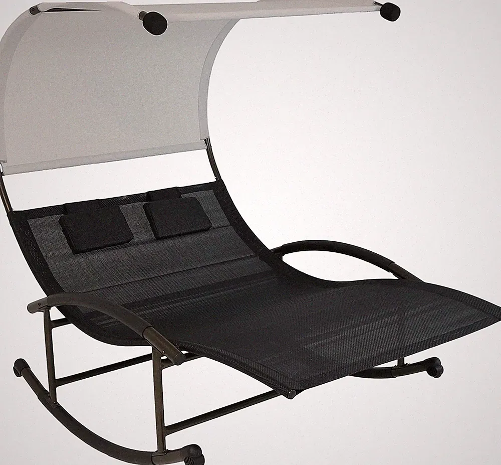 Black & White Outdoor Double Rocking Lounge Chair with Canopy & Cushions