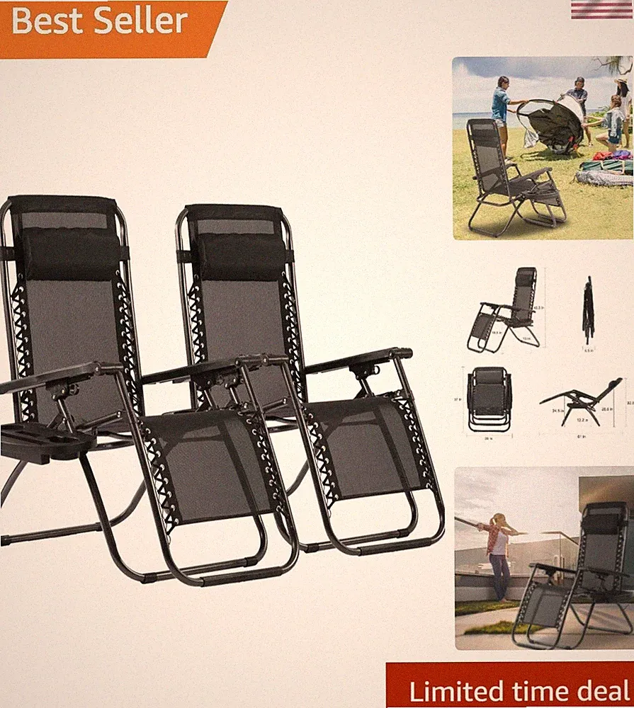 Compact Foldable Patio Recliners – Set of 2 with Pillow & Drink Holders