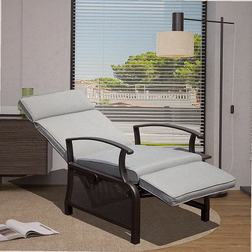 Domi Outdoor Adjustable Recliner Metal Lounge Chair w/Flip Table, Cushions