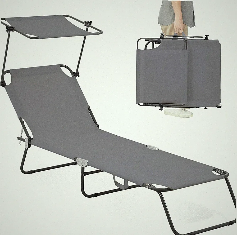 Folding Outdoor Lounge Chair with Canopy - Portable & Adjustable - Grey