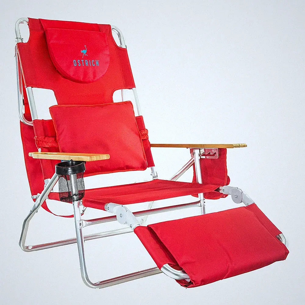 Ostrich The Deluxe 3N1 Lightweight Outdoor Beach Lounge Chair w/ Footrest, Red