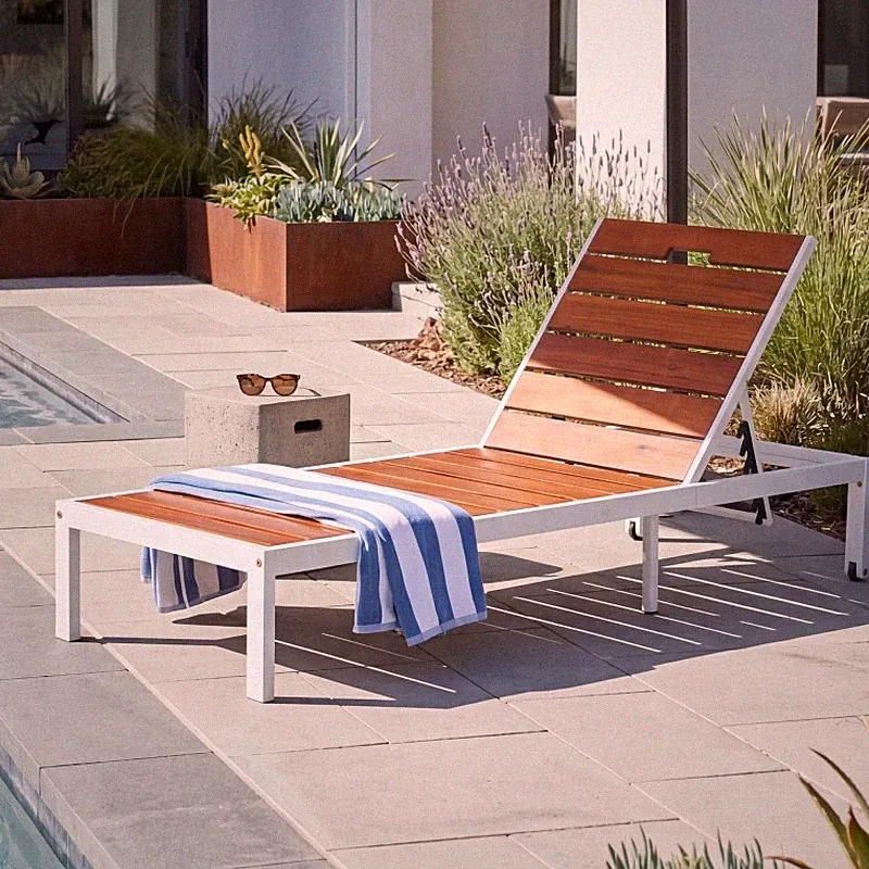 Outdoor Adjustable Chaise Lounge Chair Patio Reclining Lounger Pool Bench White