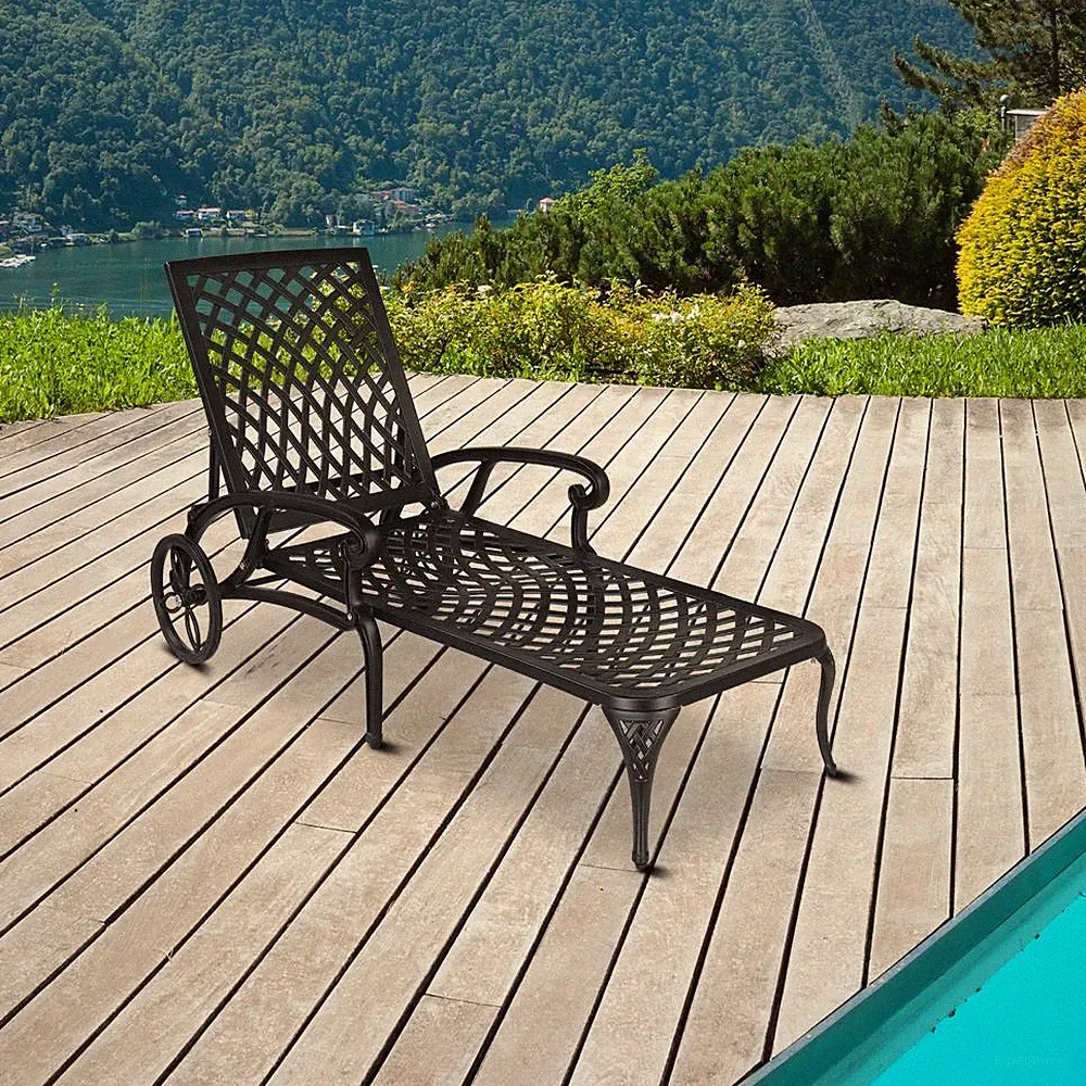 Outdoor Aluminum Chaise Lounge Recliner Chair with Adjustable Backrest Black