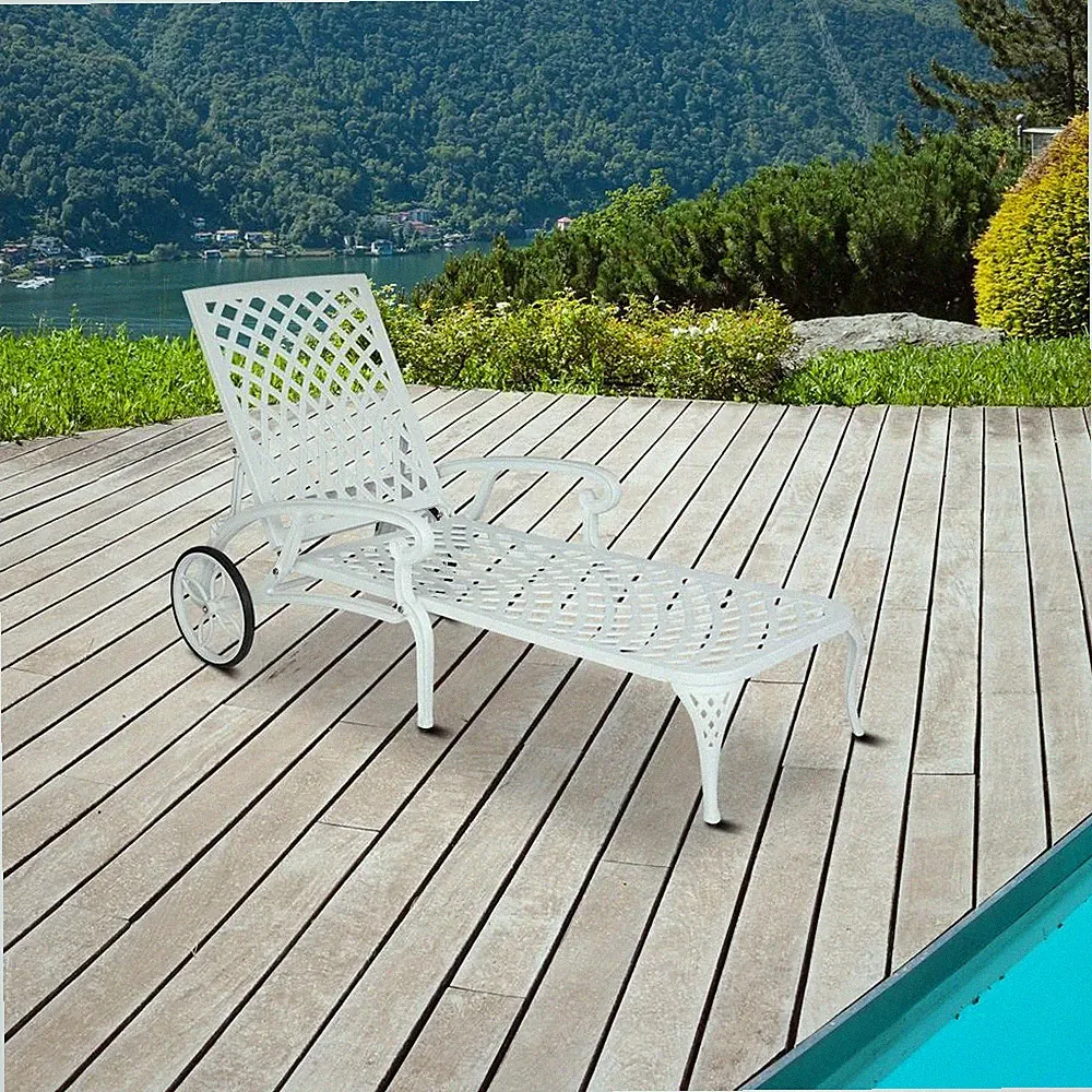 Outdoor Chaise Lounge Chairs Adjustable Aluminum Recliner With Armrests White