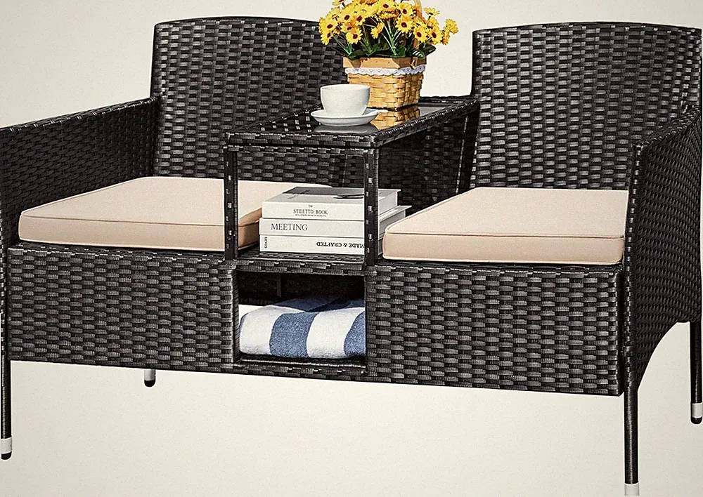 Outdoor Patio Loveseat Modern Rattan 2-Seat Patio Conversation Set with Cushions