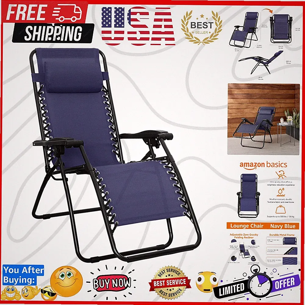 Outdoor Patio Zero Gravity Lounge Chair with Pillow, Folding Reclining and Te...