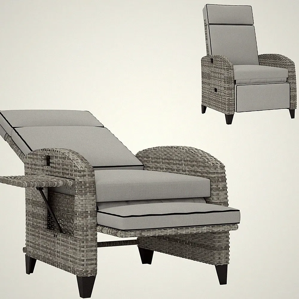 Outdoor PE Wicker Recliner Chair w/ Cushion Footrest Tray Table Gray