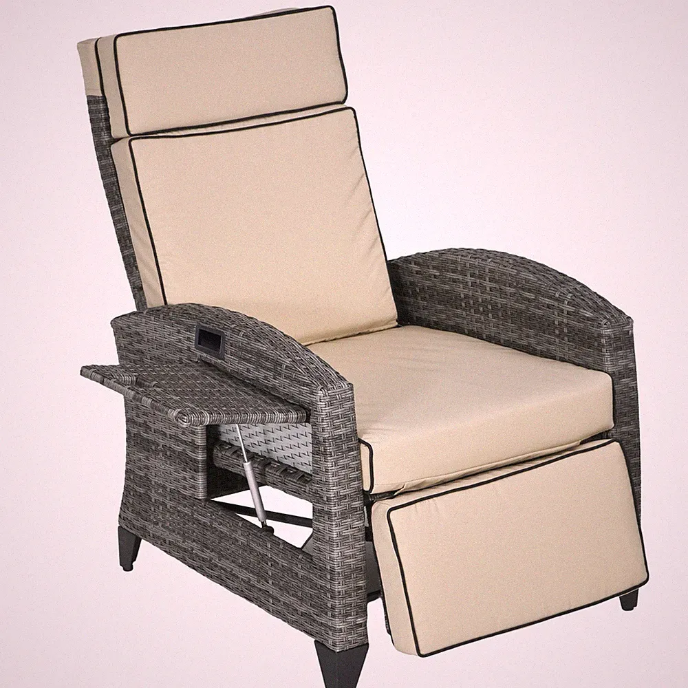 Outdoor PE Wicker Recliner Chair w/ Cushion Footrest Tray Table Khaki