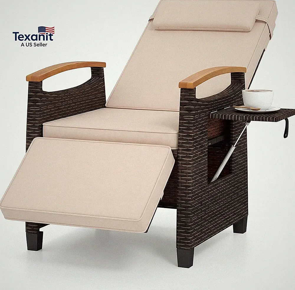 Outdoor Rattan Wicker Chaise Lounge Recliner Chair with Adjustable Backrest & Fo