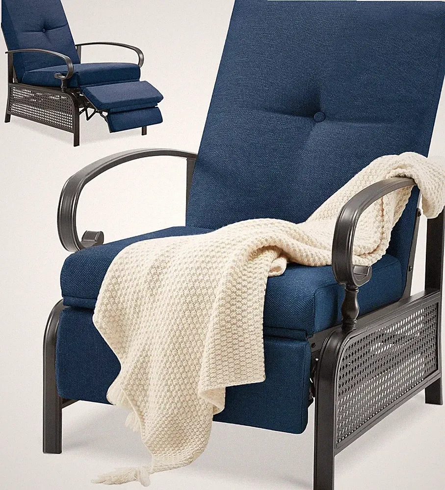 Outdoor Recliner Chair Adjustable Patio Lounge Pool Chair Navy Blue Cushion