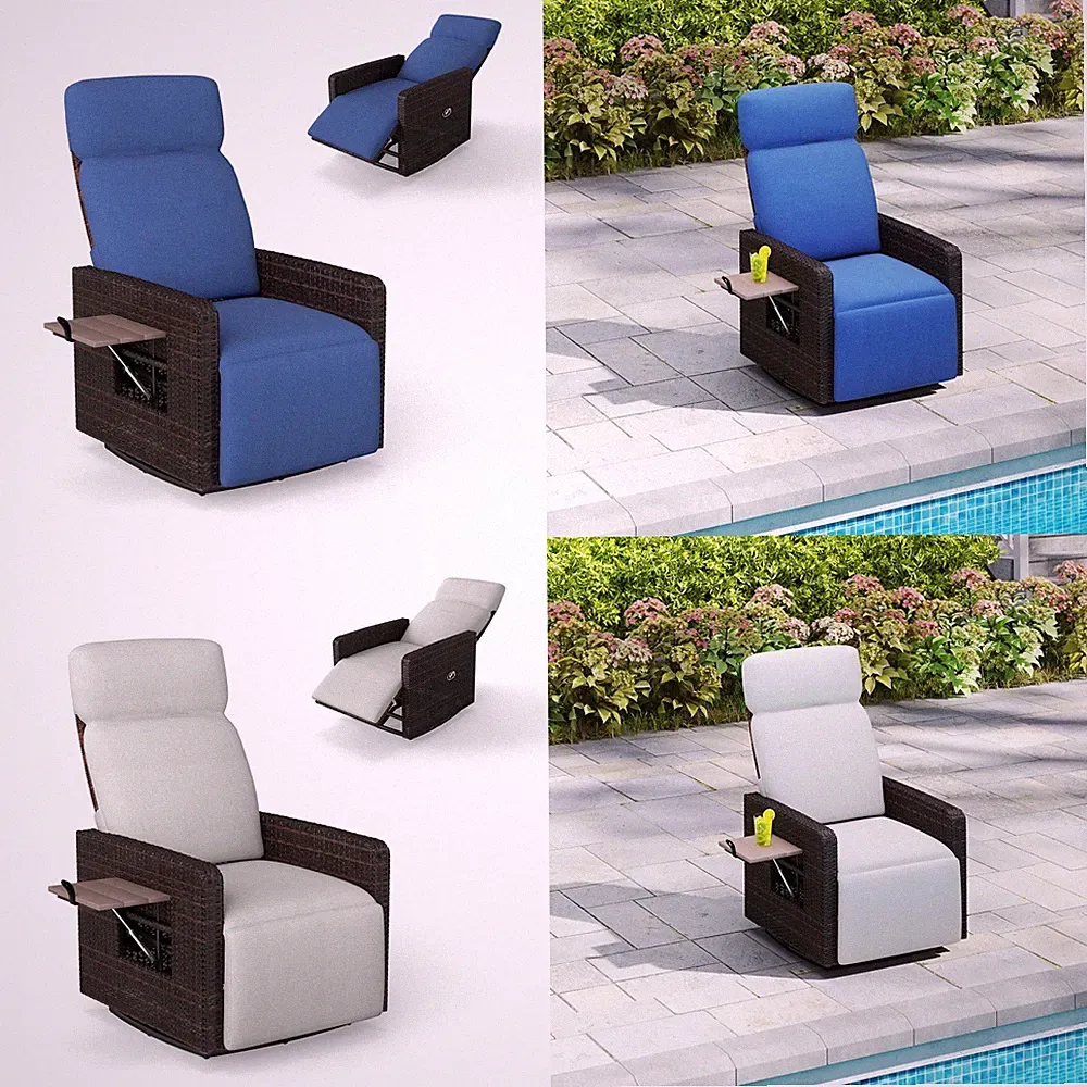 Outdoor Recliner Chair Patio Wicker Adjustable Swivel Chair, Flip-Up Side Table