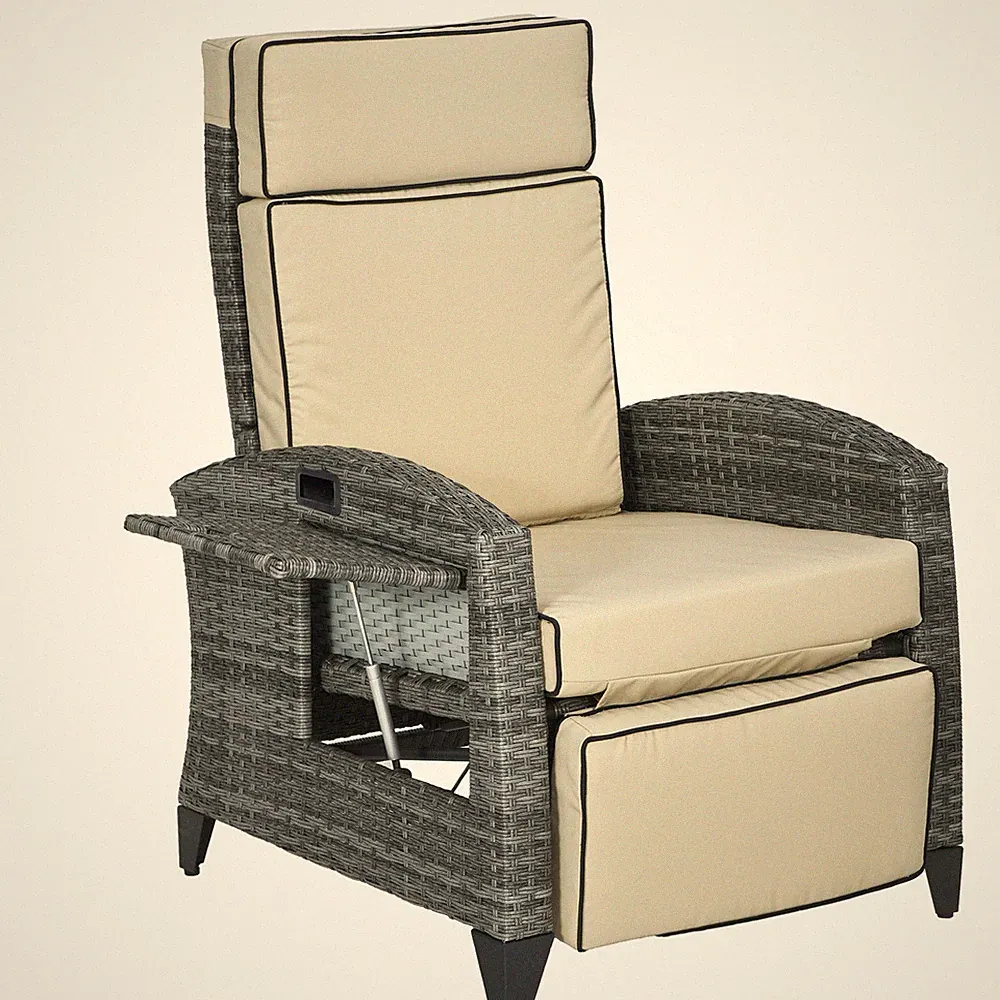 Outsunny Outdoor Recliner Chair with Adjustable Backrest, Cushion, Khaki