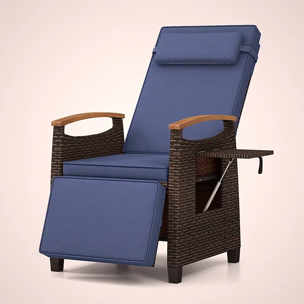 Patio Wicker Recliner Chair w/ Adjustable Backrest & Footrest Flip Side Table