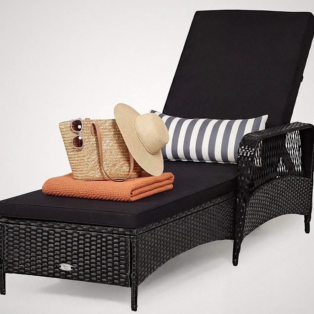 PE Rattan Chaise Lounge Chair Armrest Recliner Adjustable Pillow Black