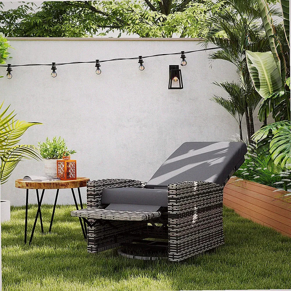 Reclining Rattan 360° Swivel Chair, Outdoor Patio Cushioned Recliner Gray