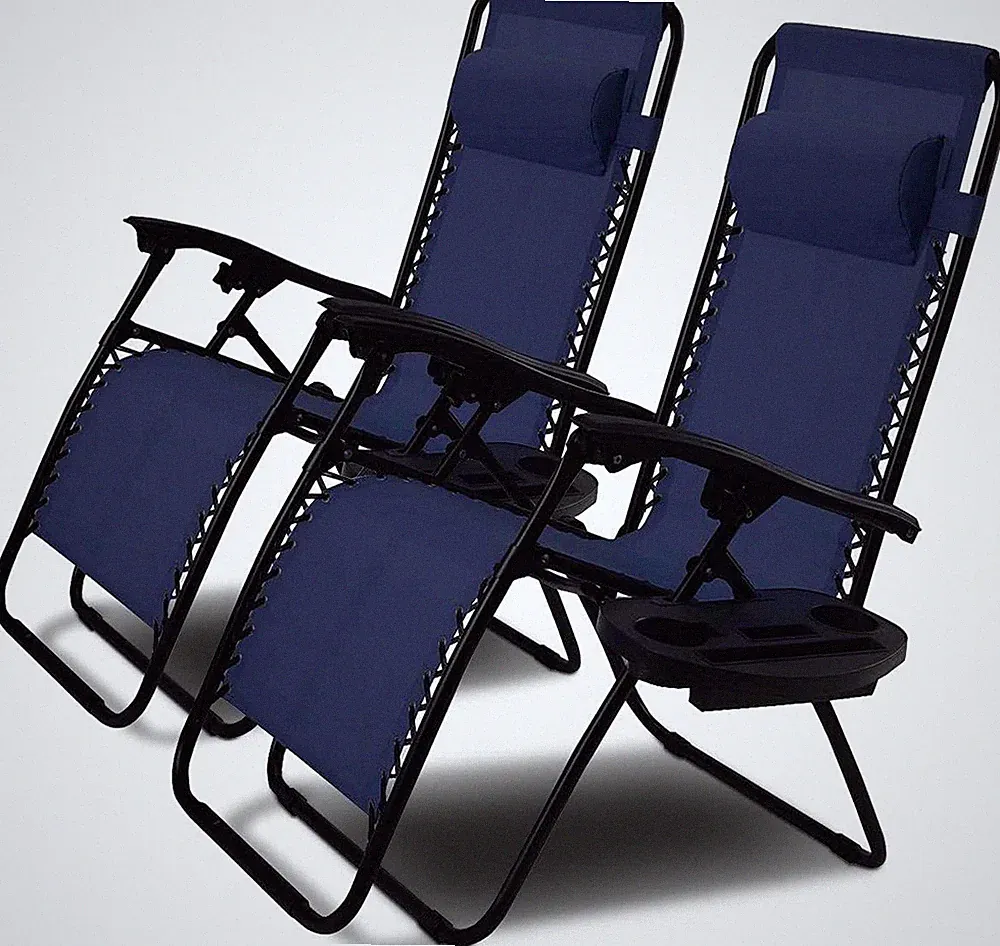 Set of 2 Blue Zero Gravity Chairs with Cup Holder & Adjustable Backrest