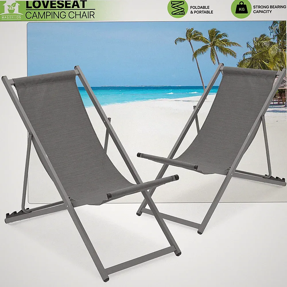 Set of 2 Foldable Beach Sling Chair Adjustable Backrest Reclinable Poolside Seat