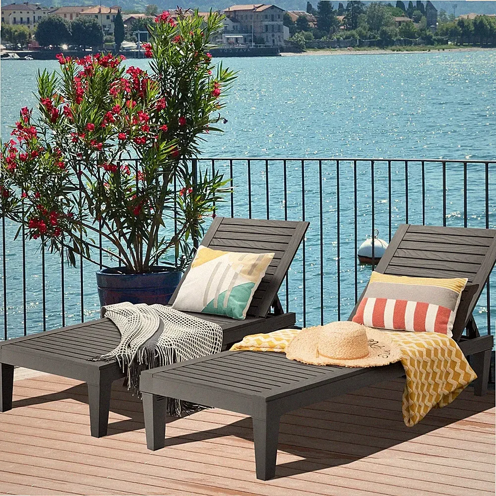Set of 2 Patio Outdoor Chaise Lounge Chair Recliner w/ Adjustable Backrest Black