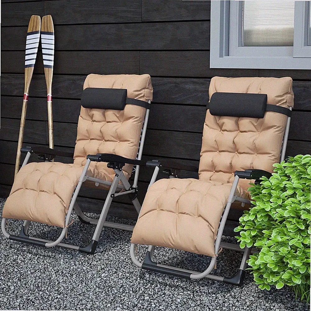 Set of 2 Reclining Zero Gravity Sun Loungers w/ Cushions for Garden or Patio Use