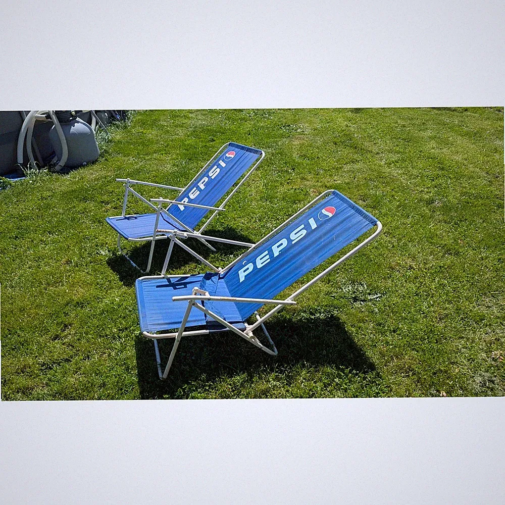 Vintage Pepsi Folding Lawn Chairs Blue White Retro 90s Beach Recliner Set of 2