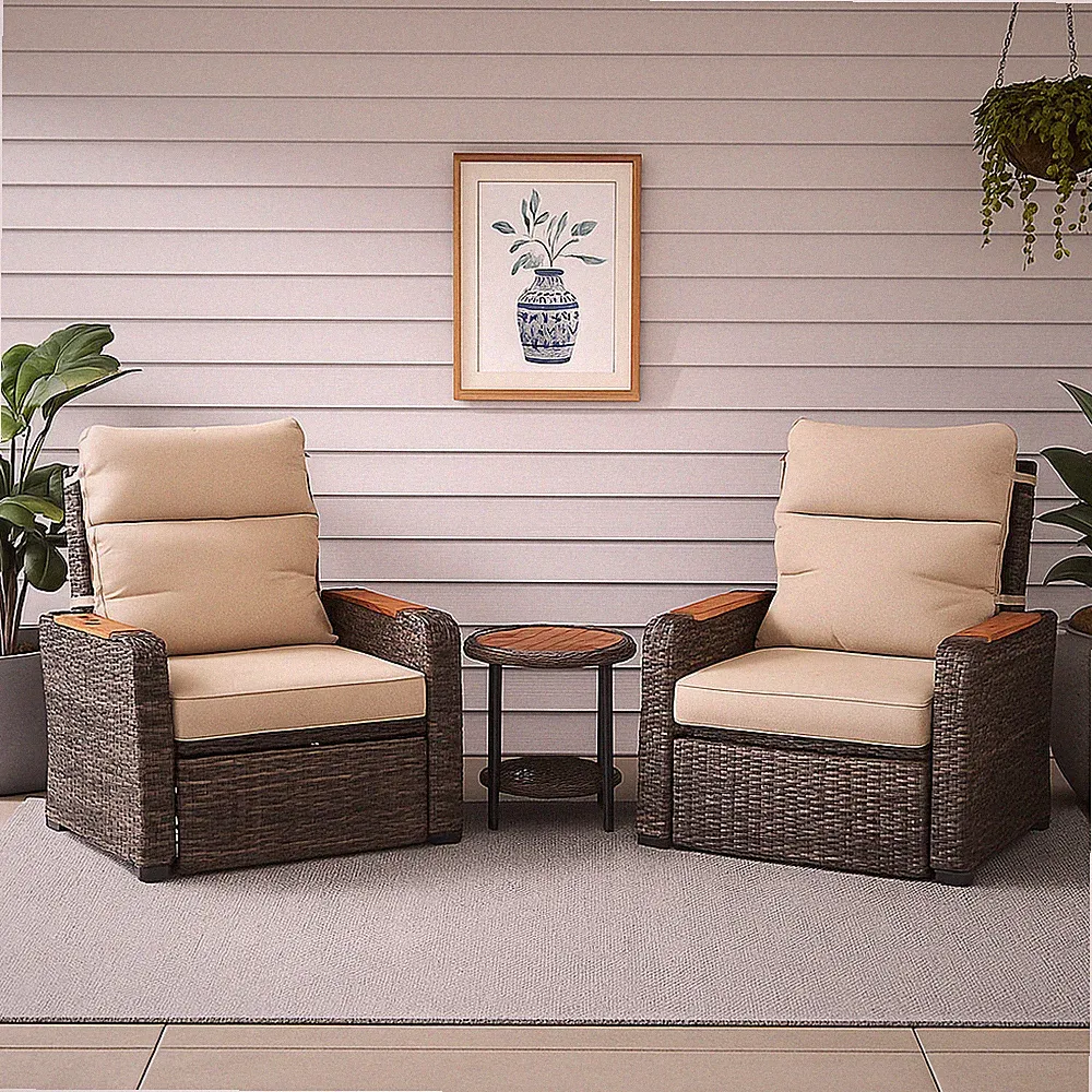 Wicker Frame & Wood Armrests Recliner Set in Gray Outdoor Seating