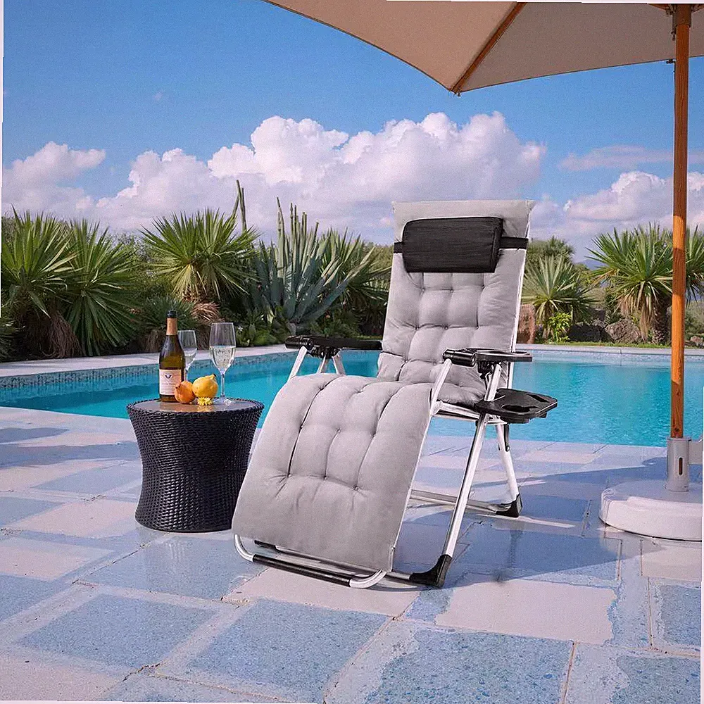Zero Gravity Metal Reclining Outdoor Lounge Chair with Grey Removable Cushion an